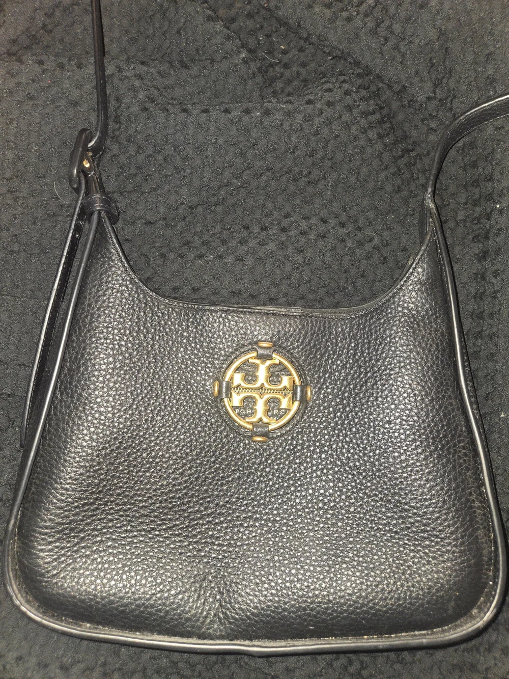 Tory Burch Black Pebbled Leather Shoulder Hobo with Gold Emblem